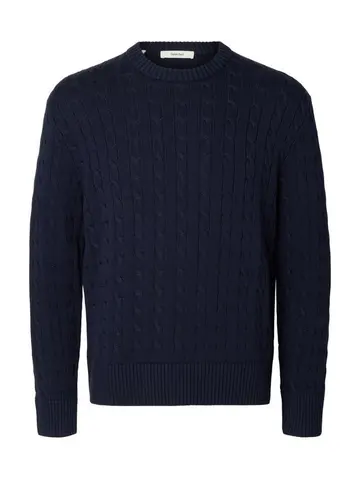 SELECTED SLMBRAUN KNIT CABLE CREW NOOS Blå
