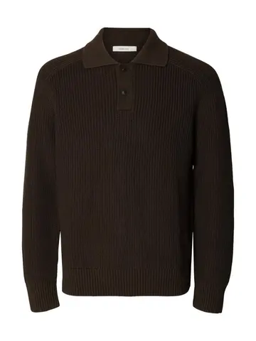 SELECTED SLMPIM LS KNIT POLO CAMP Brun