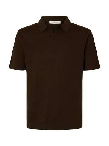 SELECTED SLHMATTIS SS LINEN BLEND OPEN POLO Mørkbrun