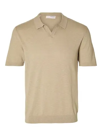 SELECTED SLHBERG LINEN SS KNIT OPEN POLO Khaki