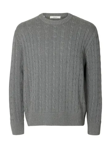 SELECTED SLMBRAUN KNIT CABLE CREW NOOS Grå