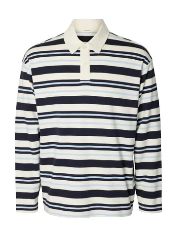 SELECTED SLMRELAXJACK STRIPE LS POLO Blå